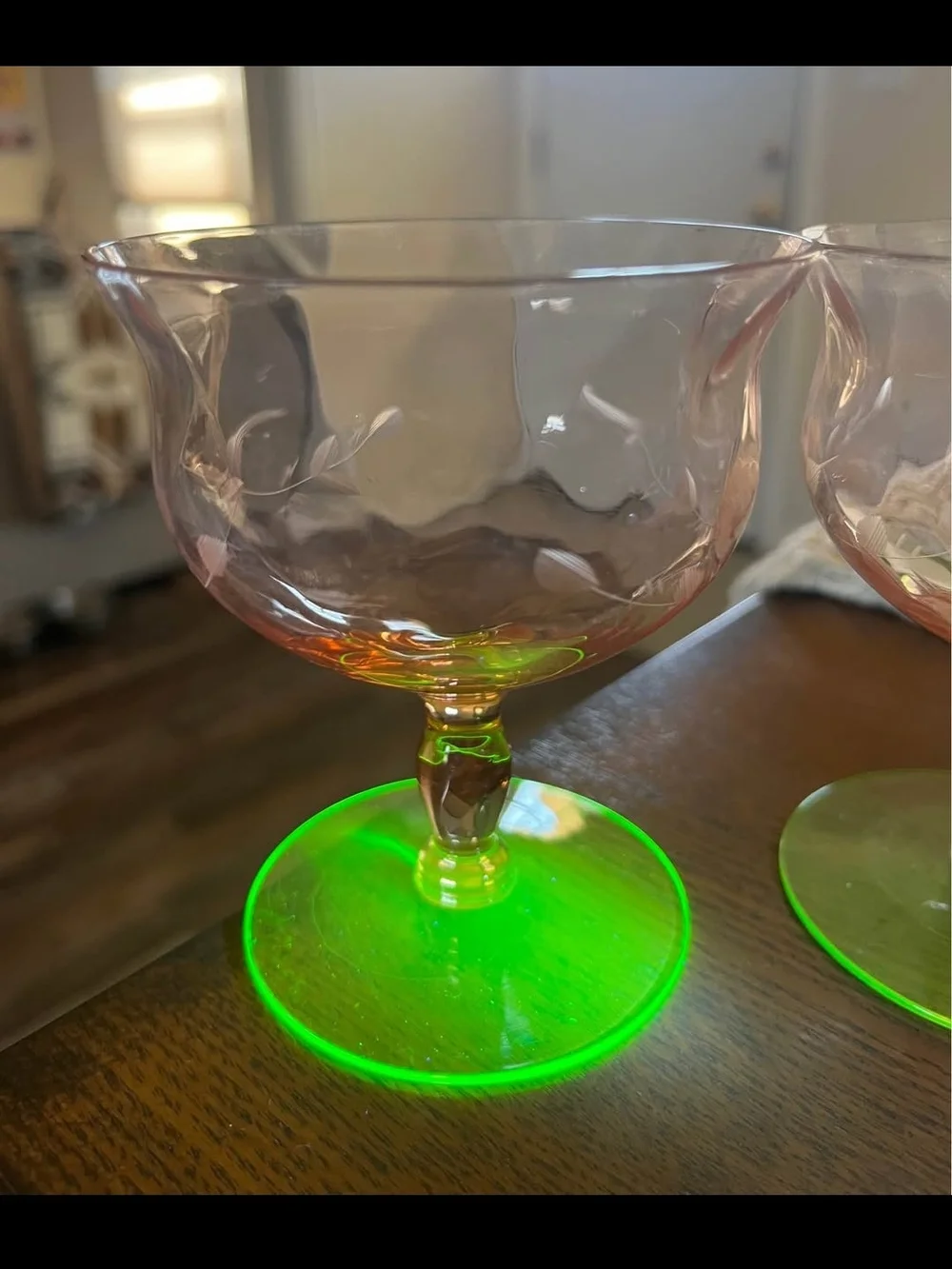 Set of 3 Vintage Tiffin Watermelon Uranium Stem Glasses
